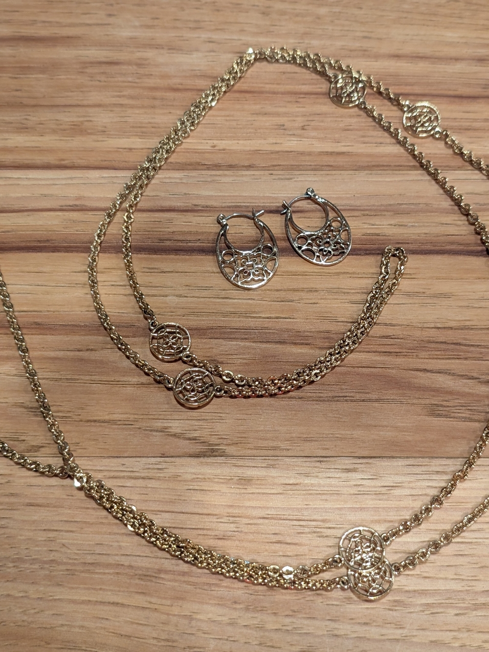 Monet Gold Tone Layered Necklace and Floral Medallion Hoop Earring Set
